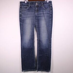 Maurices Original Bootcut Jeans Womens 7/8 Dark Wash Blue Denim Frayed Hem‎ Y2K